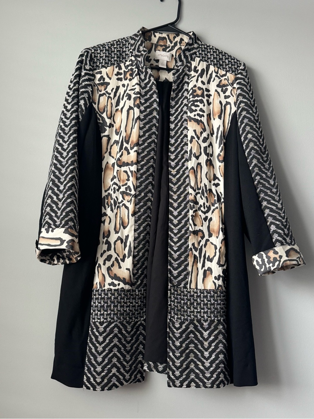 Chicos Mixed Animal Print Leopard Chevron Open Front Statement Duster Coat 2